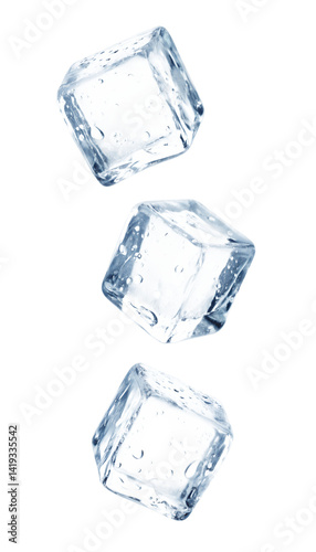 Three ice cubes falling isolated on transparent background