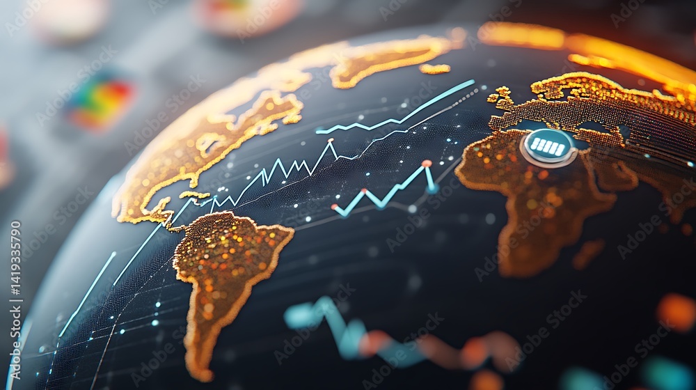 Minimal 3D global economics dashboard, three bold line graphs, globe with radial lines to regional flags, clean white background with simple interface elements. Created Using: Cinema 4D primitives,