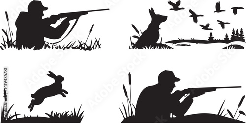 Black vector silhouette of a hunter aiming rifle in nature, ideal for outdoor, hunting, and adventure themed graphic art