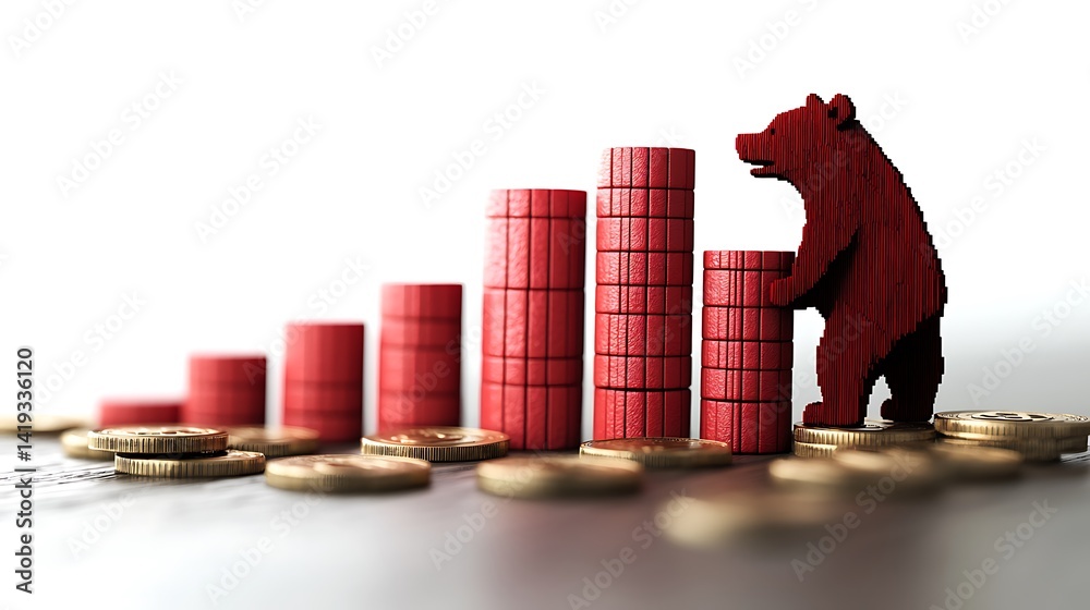 Minimalist 3D flat bar chart showing economic downturn, descending red columns, bear icon facing chart, coins cracking apart at the base, white background. Created Using: Adobe Illustrator asset base,