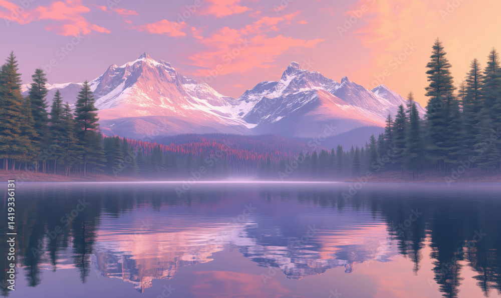 Serene mountain landscape with tranquil lake reflecting vibrant sunset colors. Serene mountain landscape with tranquil lake reflecting vibrant sunset colors.