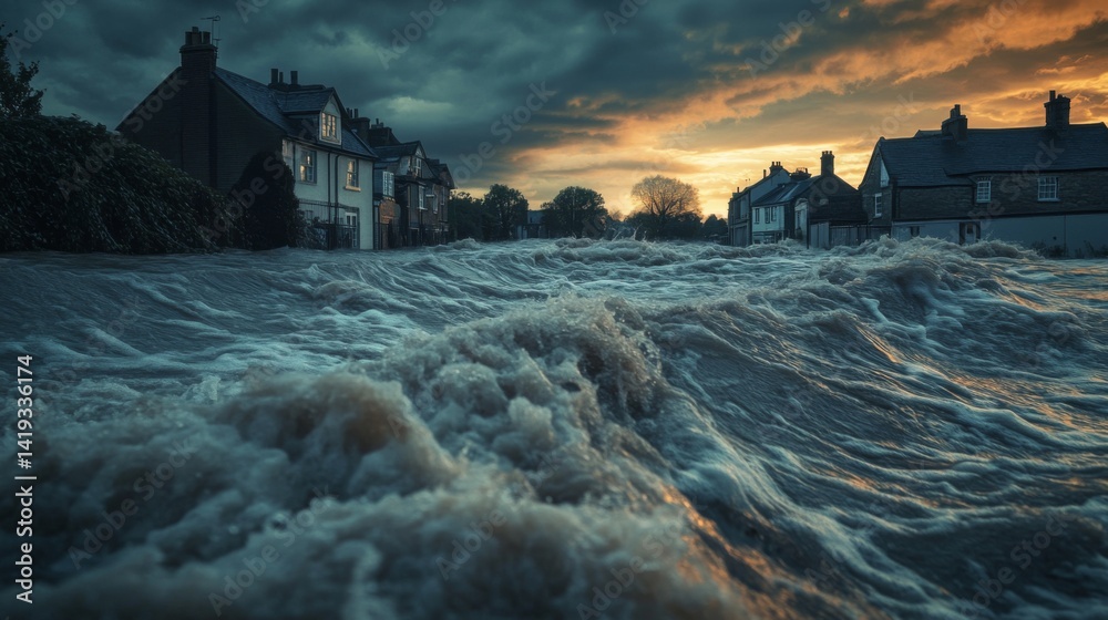A dramatic flood scene showcases the power of nature. Rising waters engulf homes as dark clouds loom overhead. Witness the chaos of natural disasters. Generative AI