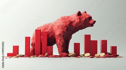 Obraz na płótnie Minimalist 3D flat bar chart showing economic downturn, descending red columns, bear icon facing chart, coins cracking apart at the base, white background. Created Using: Adobe Illustrator asset base, w salonie