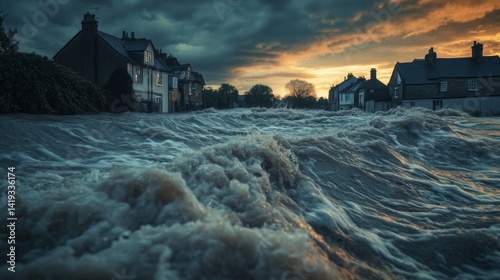 A dramatic flood scene showcases the power of nature. Rising waters engulf homes as dark clouds loom overhead. Witness the chaos of natural disasters. Generative AI