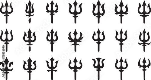Mythological trident silhouettes in black vector art, perfect for nautical, Poseidon, and fantasy themed illustrations