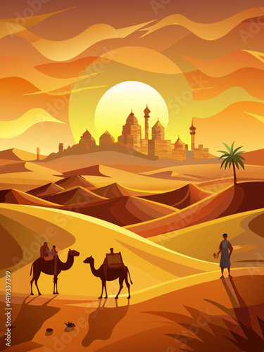 Desert Camel Silhouette at Sunset with Mosque and Pyramid – Scenic Landscape Illustration