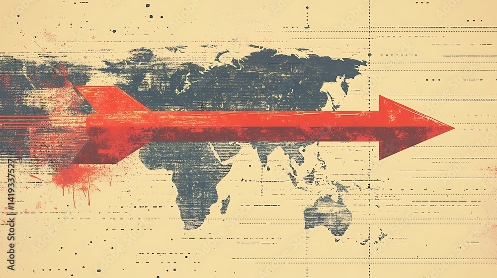 A clean flat-style vector of a red arrow descending through a subtle global stock chart with dotted gridlines, faded world map overlay behind, cool-toned minimalist color scheme. --ar 16:9