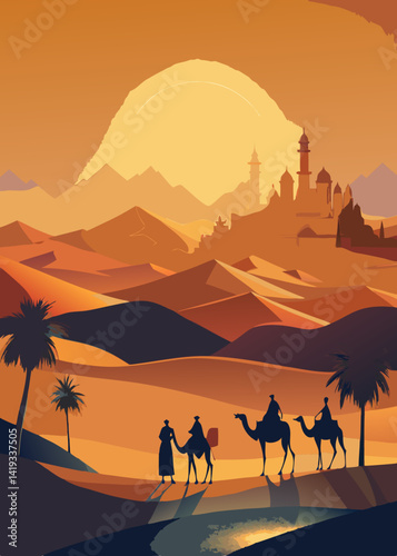 Desert Camel Silhouette at Sunset with Mosque and Pyramid – Scenic Landscape Illustration