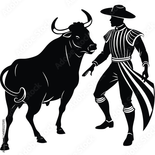 Black and White Bullfighting Illustration: Matador and Bull Silhouette Vector Graphic for Spanish Culture and Design Projects