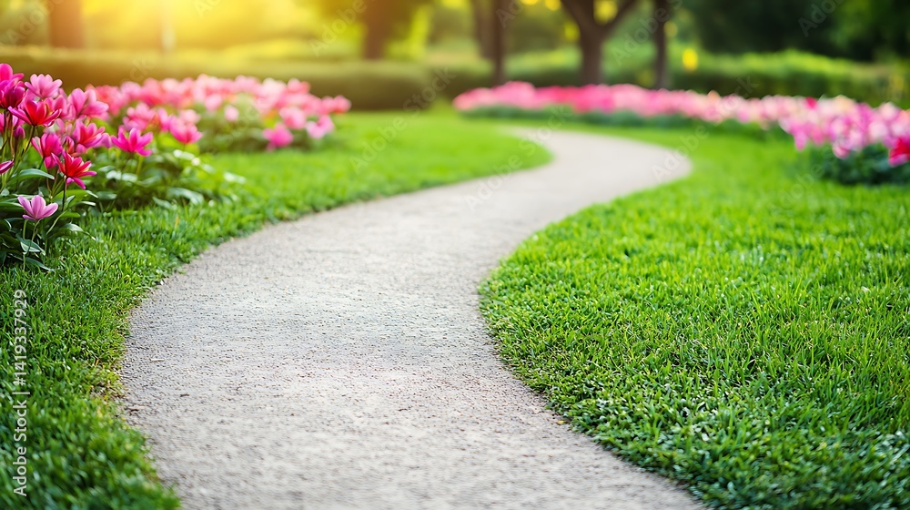 Obraz premium Walking path curves through vibrant flower garden for relaxing stroll in sunny park background