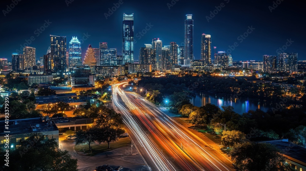 Modern downtown skyline lit up against a dark sky, with towering buildings and city lights stretching far Modern downtown skyline lit up against a dark sky, with towering buildings and city lights stretching far