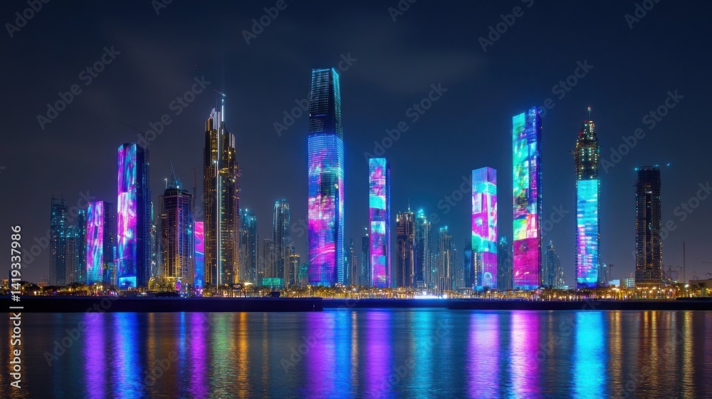 Fototapeta premium Modern skyline at night with futuristic towers lit by colorful LED patterns and digital signage