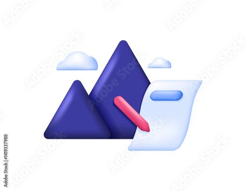 mountain climbing rules concept. agreement and terms. illustration of a mountain symbol with paper and pencil. symbol or icon. minimalist 3d style design. element