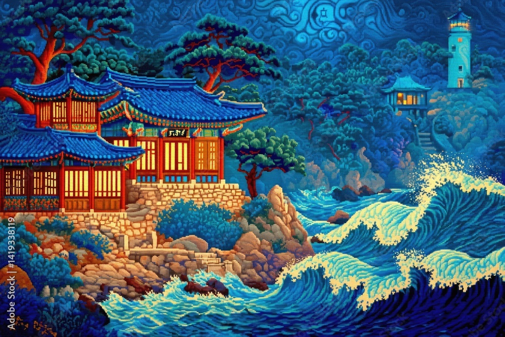 Obraz premium Coastal korean temple at night, illuminated by moonlight.