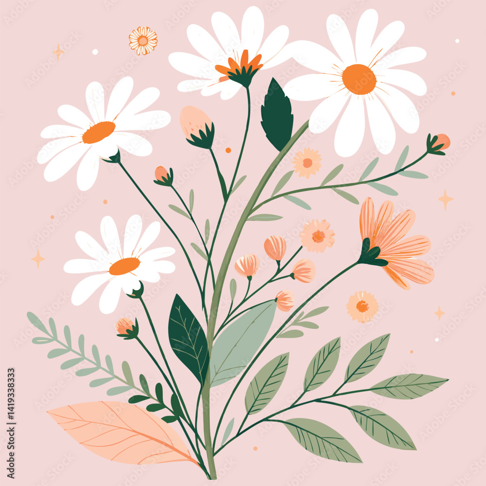 Elegant Flat Style Daisy and Wildflower Botanical Illustration on Pastel Pink Background Elegant Flat Style Daisy and Wildflower Botanical Illustration on Pastel Pink Background