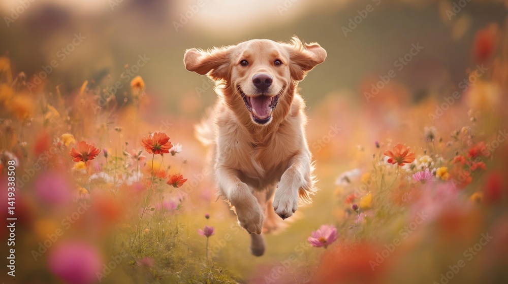 A joyful golden retriever runs freely through a vibrant flower field. The sun sets in the background, creating a warm and happy atmosphere. Generative AI