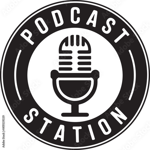 Podcast Station Logo with Microphone Design