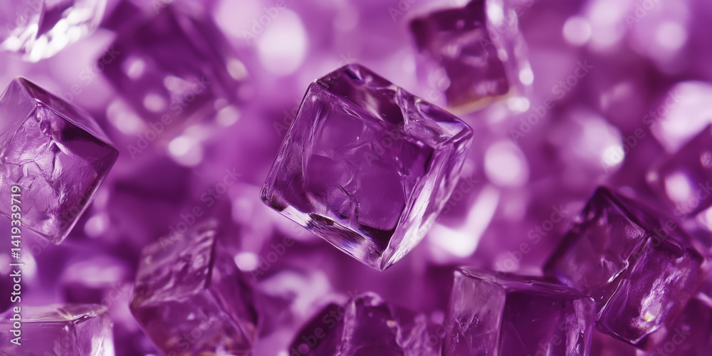 Purple ice cubes floating in a vibrant background of blurred purple hues. Purple ice cubes floating in a vibrant background of blurred purple hues.