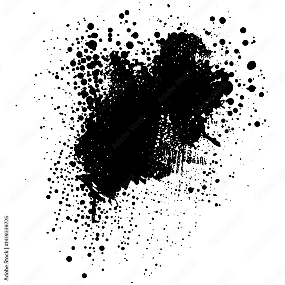 Black paint splatter abstract design on white background creating a dynamic visual effect Black paint splatter abstract design on white background creating a dynamic visual effect