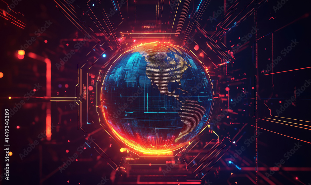 Obraz premium Futuristic digital globe with glowing circuits and data visualization elements.