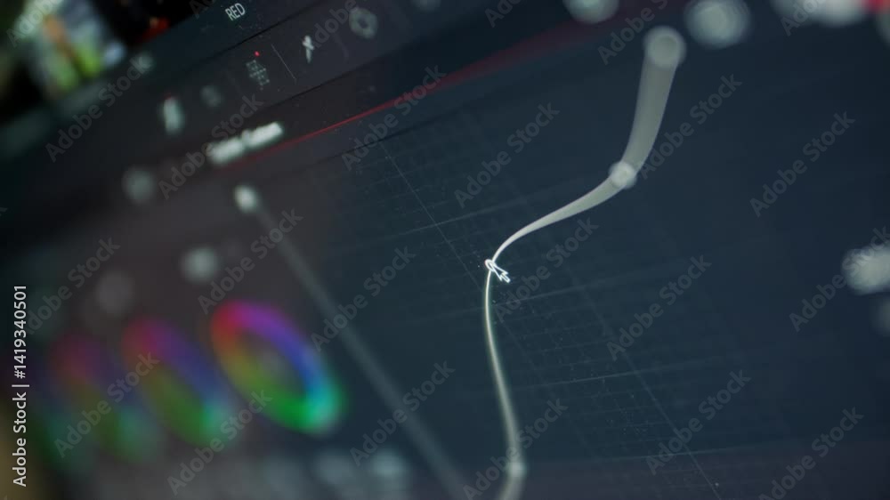 Curve node. Close up: screen monitor is a program for color correction of video and media. Color grading and editing in software. Tools for changing shade in the form of curved lines. cinematic movie