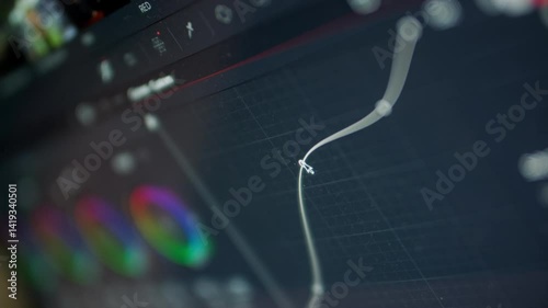 Curve node. Close up: screen monitor is a program for color correction of video and media. Color grading and editing in software. Tools for changing shade in the form of curved lines. cinematic movie