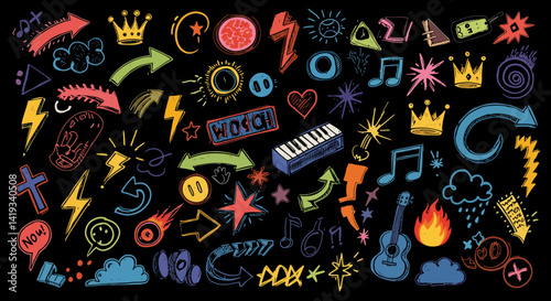 Hand drawn rock punk music star grunge heart doodle icon element set. Crayon brush stroke hand drawn line sketch style doodle rock punk star, heart shape. Crayon scribble music vector illustration 