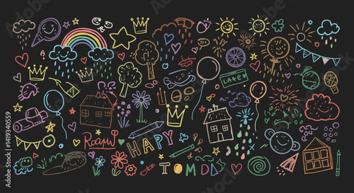 Kid crayon chalk line cloud, flower children sticker set. Hand drawn crayon doodle sketch childish cute element set. Chalk star, heart, flower color cute element background. Vector illustration	