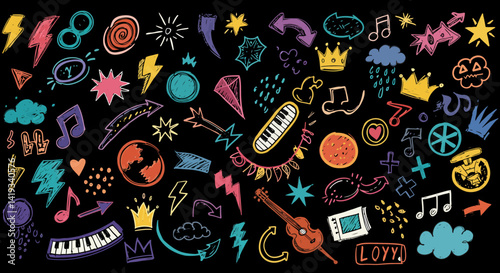 Hand drawn rock punk music star grunge heart doodle icon element set. Crayon brush stroke hand drawn line sketch style doodle rock punk star, heart shape. Crayon scribble music vector illustration 