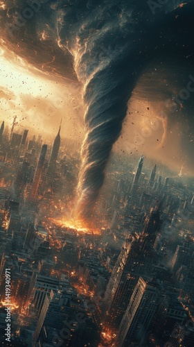 A massive tornado devastates a cityscape with fiery destruction