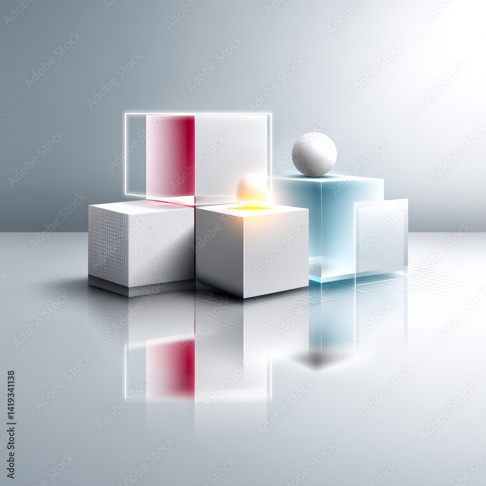 Abstract Geometric Composition: Cubes, Sphere, Reflections, and Light in a Modern Presentation