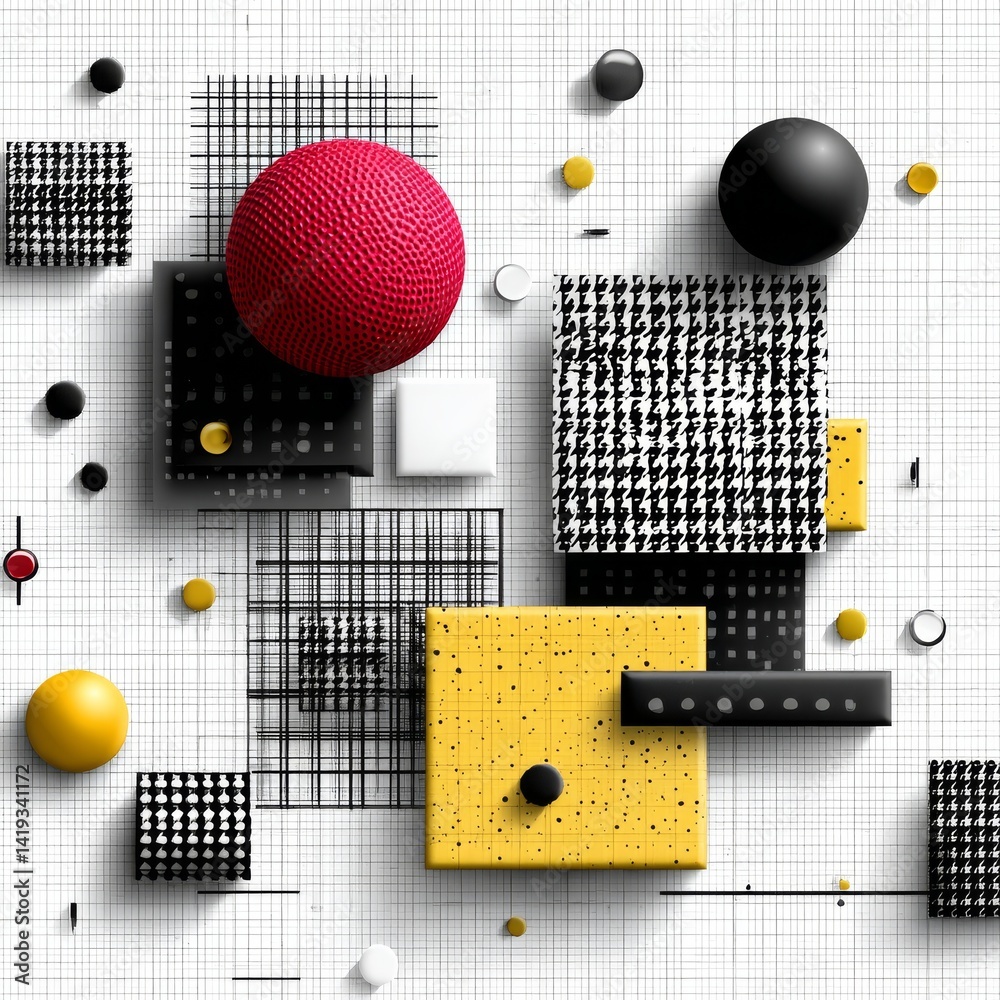 Abstract Geometric Composition with Houndstooth, Grids, and Spheres on a White Background