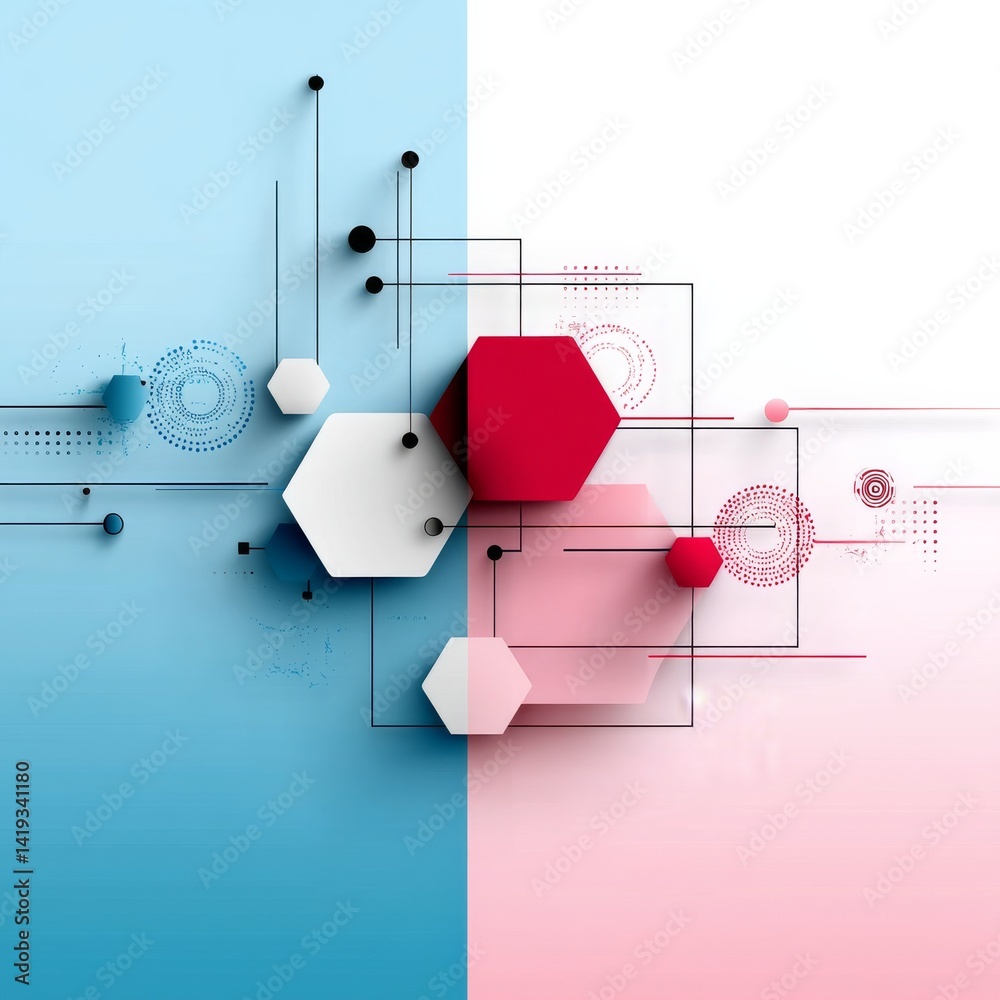 Abstract Geometric Composition with Hexagons, Circles, and Lines on a Dual-Tone Background
