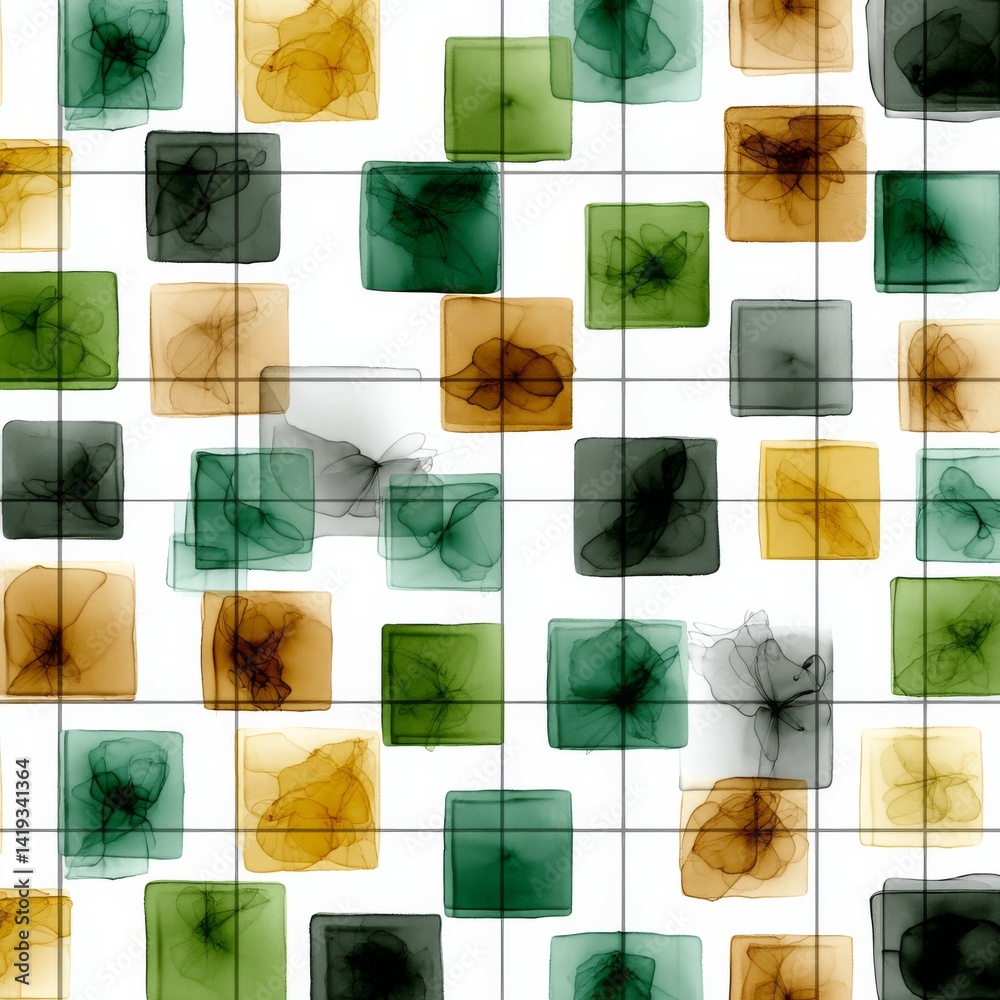 Abstract Grid: Colorful Squares with Subtle Ink Patterns on White Background with Soft Transparency