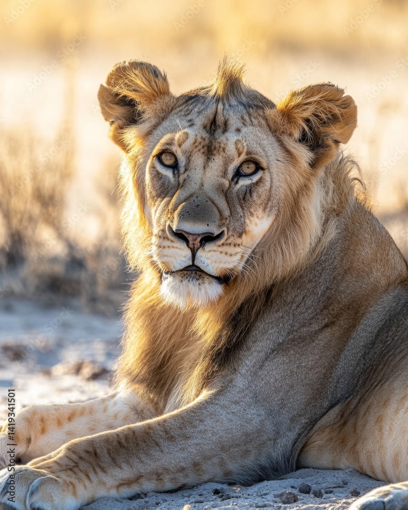 A majestic lioness rests in the warm sunlight. Her striking features capture the essence of the wild. This image embodies strength and grace. Generative AI