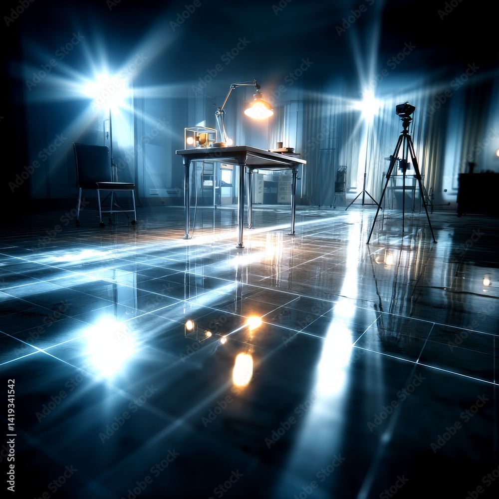 Abstract Studio Lighting: Dramatic Reflections on a Gleaming Floor with Camera Setup