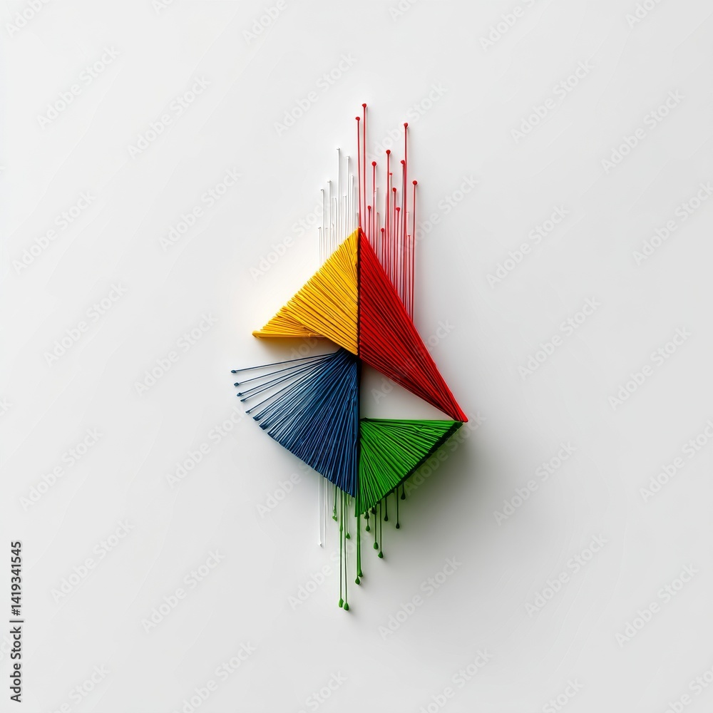 Abstract String Art Sculpture with Primary Colors and White Background, Conceptual Design