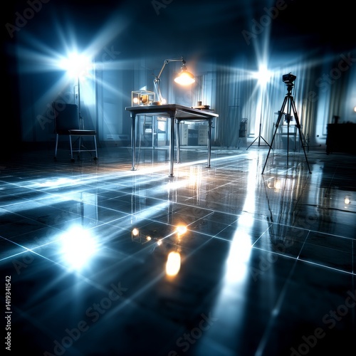 Abstract Studio Lighting: Dramatic Reflections on a Gleaming Floor with Camera Setup