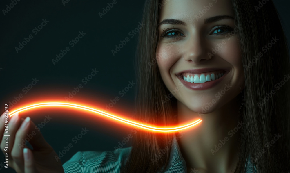 Obraz premium Smiling woman holding glowing orange line in dark background, showcasing creativity and joy.