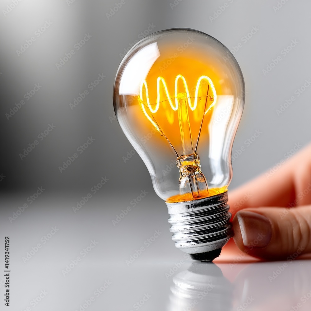 A hand holding a glowing light bulb, showcasing idea generation and innovation against a clean, gray backdrop.