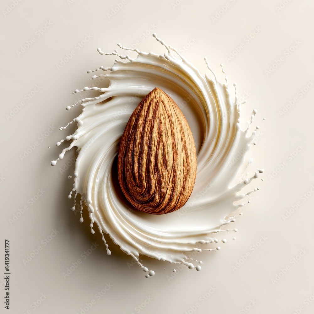 Almond milk splash: A single almond surrounded by a swirling splash of creamy white milk against a smooth, light beige background.