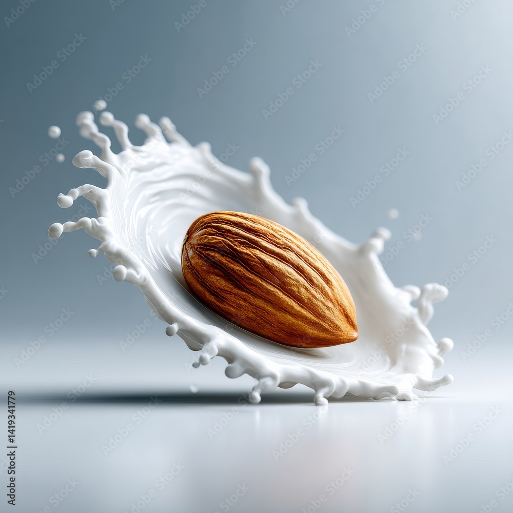 Almond Delight: A Nutty Splash of Milk, Showcasing Freshness and Healthy Living with a Smooth and Creamy Texture