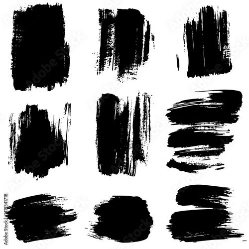 Various black paint brush strokes on a white background for design use