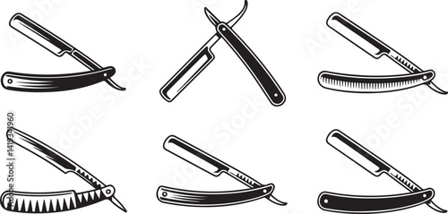silhouette Collection of Straight Razor Tools for Barbershop and Shaving Services