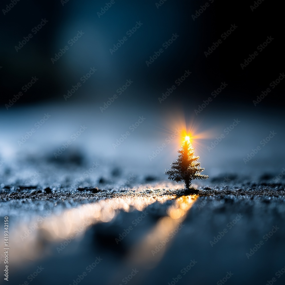A Tiny Christmas: Miniature Tree Radiates Warmth in a Frosty Landscape at Night (Festive Glow)