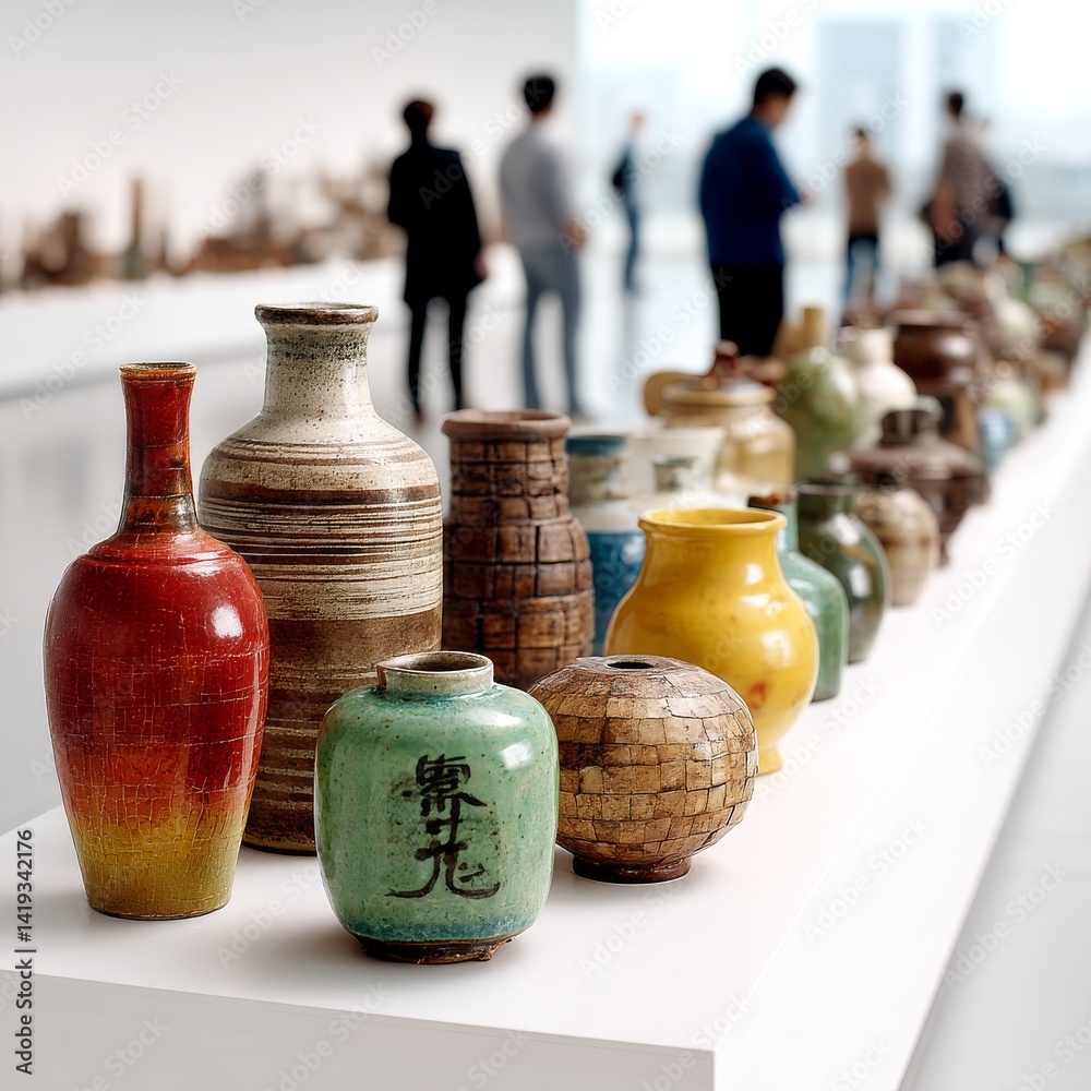 Ceramic Artistry on Display: A Collection of Vases in a Modern Art Gallery, Observed by Visitors in a Minimalist Setting