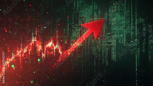 A powerful visual of a red arrow impaling a jagged economic graph line, surrounded by cascading digital financial codes, neon green and red color palette, subtle glitch effects, minimal tech UI.