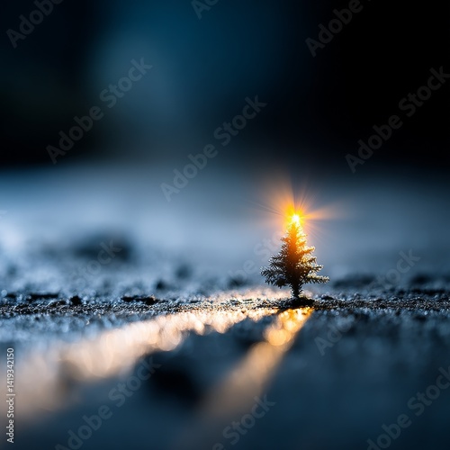 Obraz na płótnie A Tiny Christmas: Miniature Tree Radiates Warmth in a Frosty Landscape at Night (Festive Glow) w salonie