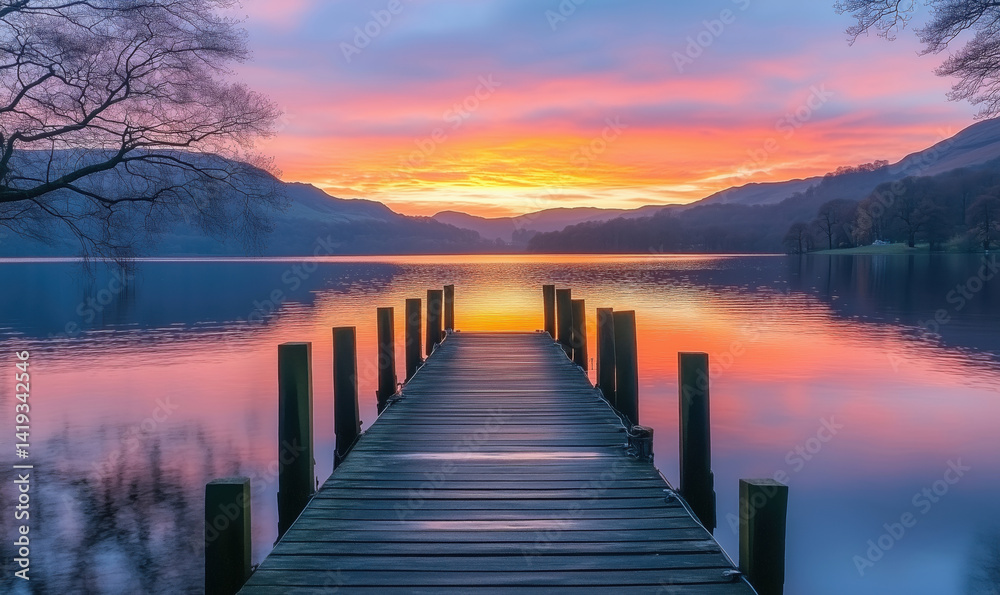 Fototapeta premium Stunning sunset over tranquil lake with wooden pier and vibrant sky reflections.