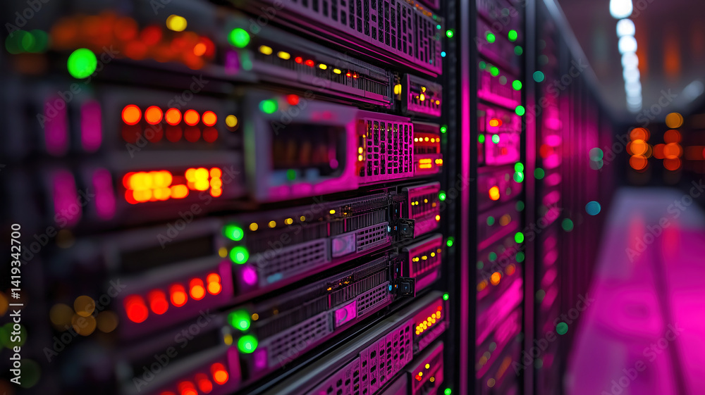 Close up of professional checking rackmounts in server room with artificial intelligence tools Close up of professional checking rackmounts in server room with artificial intelligence tools